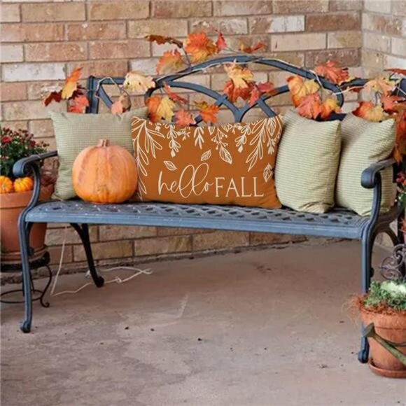 Fall Pumpkin Lumbar Pillow Cover 12x20 Hello Autumn Farmhouse Cushion for Sofa C - Picture 5 of 6